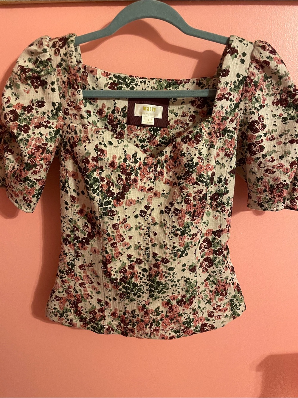 Maeve Floral Square-Neck Puff-Sleeve Top in Cream, Pink and Green